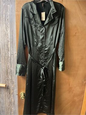 Stetson Dark Green Satin Long Sleeve Shirt Dress